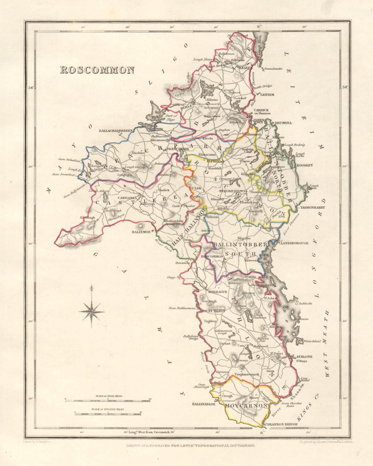 COUNTY ROSCOMMON antique map for LEWIS by DOWER & CREIGHTON. Ireland 1846